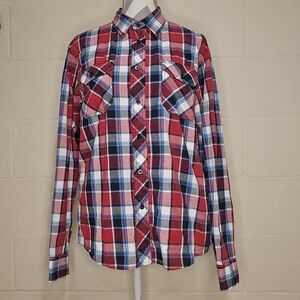 Carbon Western Red Blue  Plaid Long Sleeve Button Down Shirt Men's Size M Medium